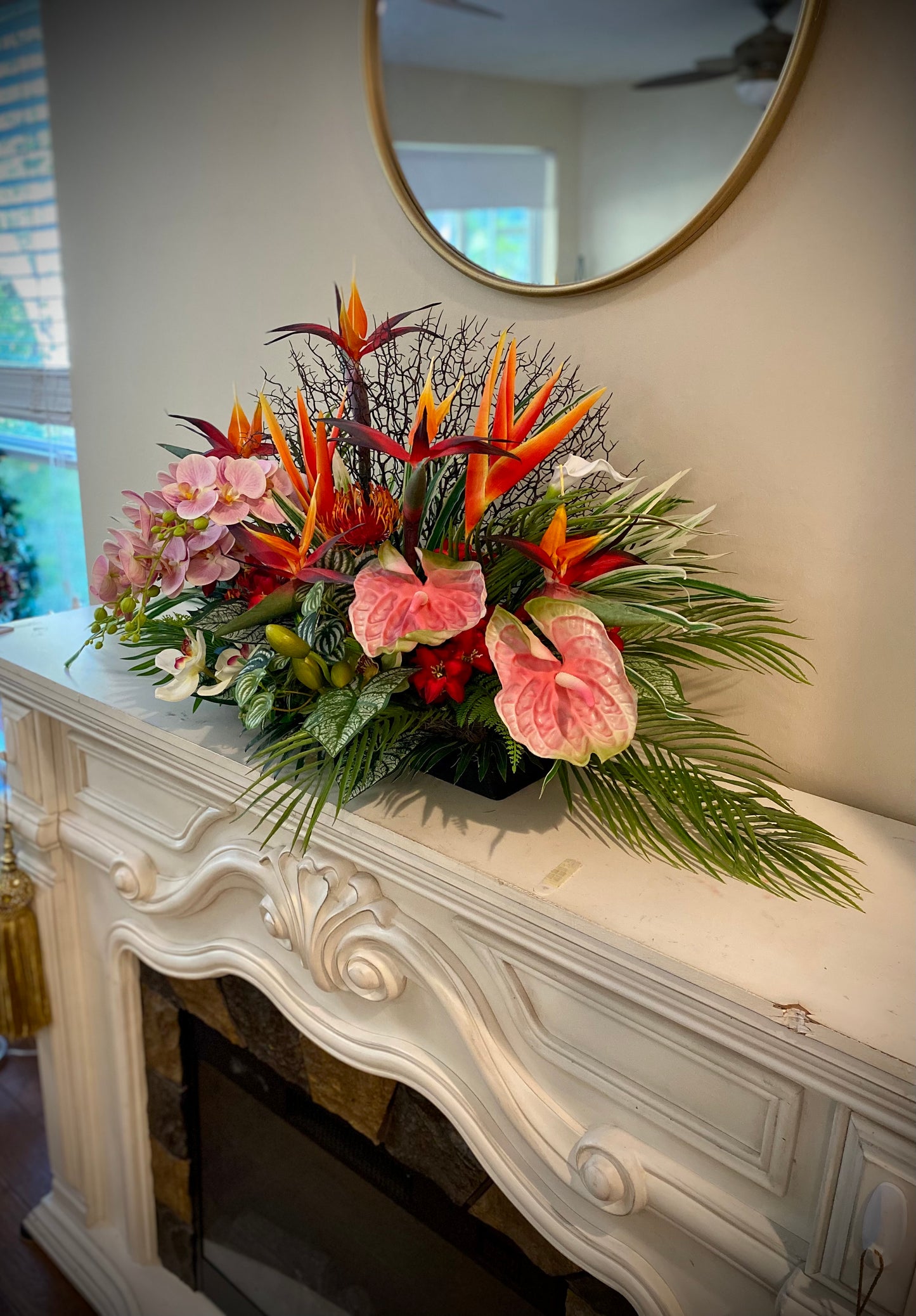Luxury Tropical Arrangement. Artificial Centerpiece.  Bird of Paradise Home Decor