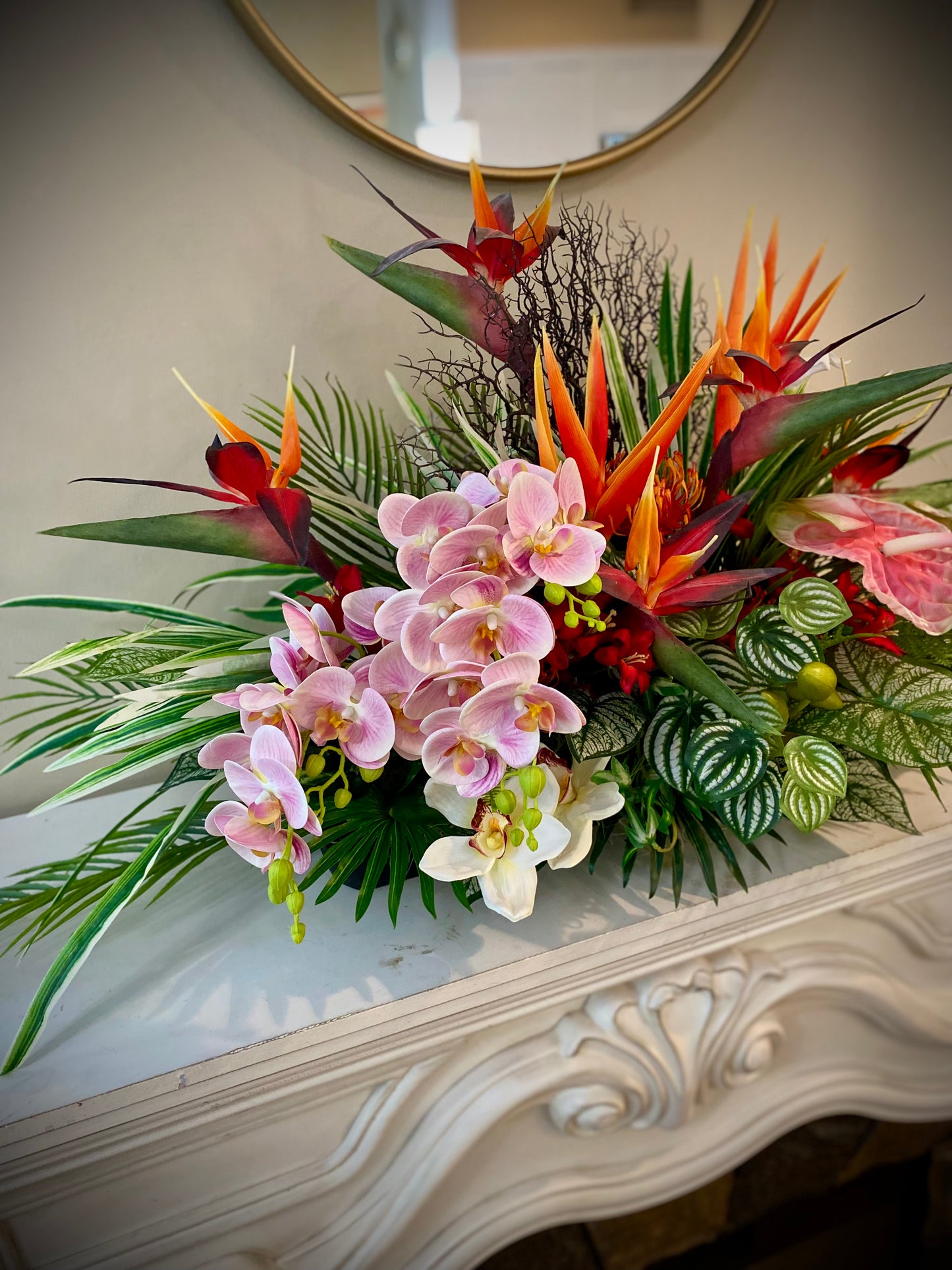 Luxury Tropical Arrangement. Artificial Centerpiece.  Bird of Paradise Home Decor