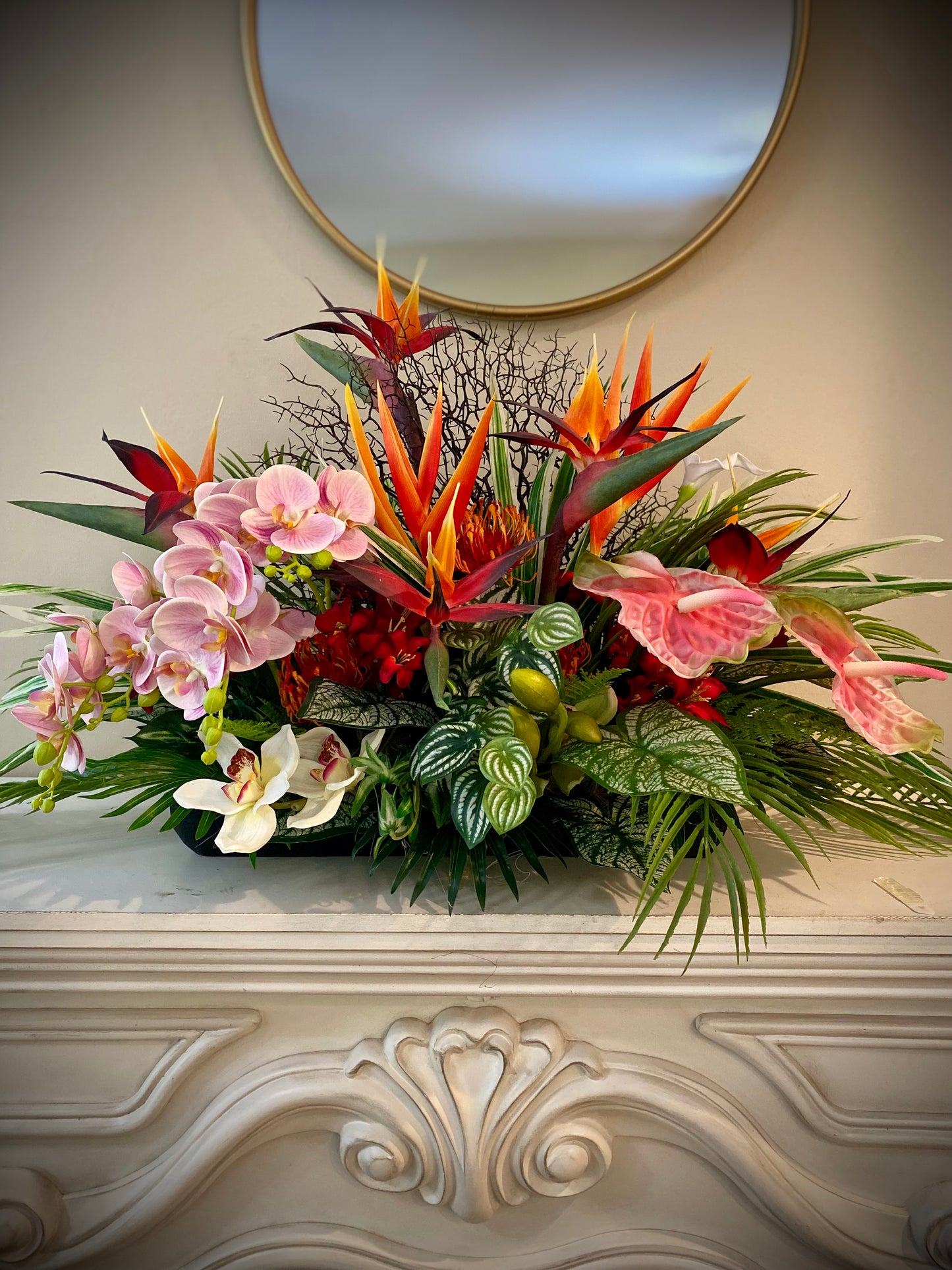 Luxury Tropical Arrangement. Artificial Centerpiece.  Bird of Paradise Home Decor