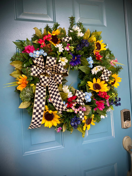 Sunflower Wreath for Front Door. Artificial Wreath with Designer ribbon Bow. Summer and Everyday Colorful  Wreath