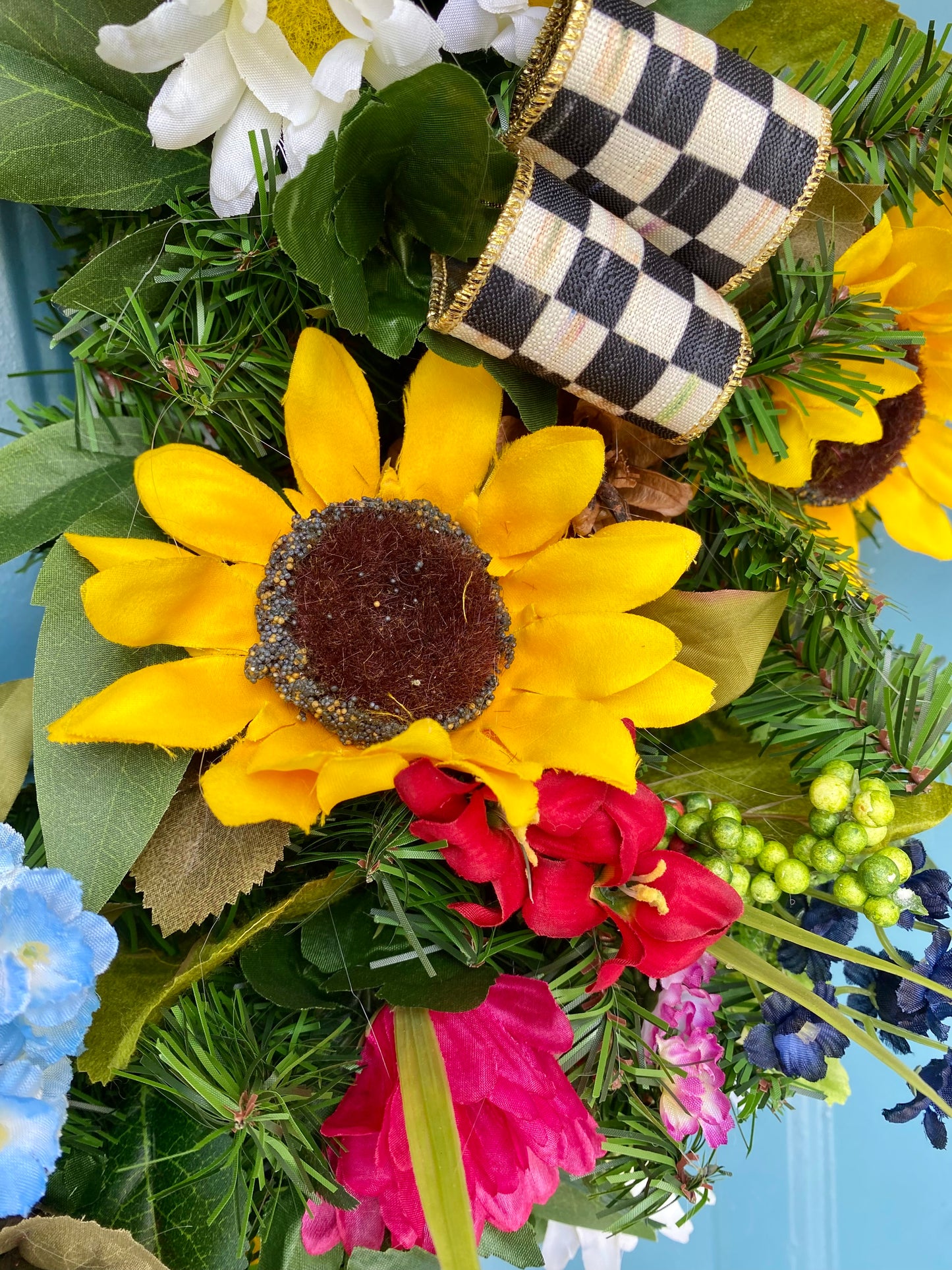 Sunflower Wreath for Front Door. Artificial Wreath with Designer ribbon Bow. Summer and Everyday Colorful  Wreath