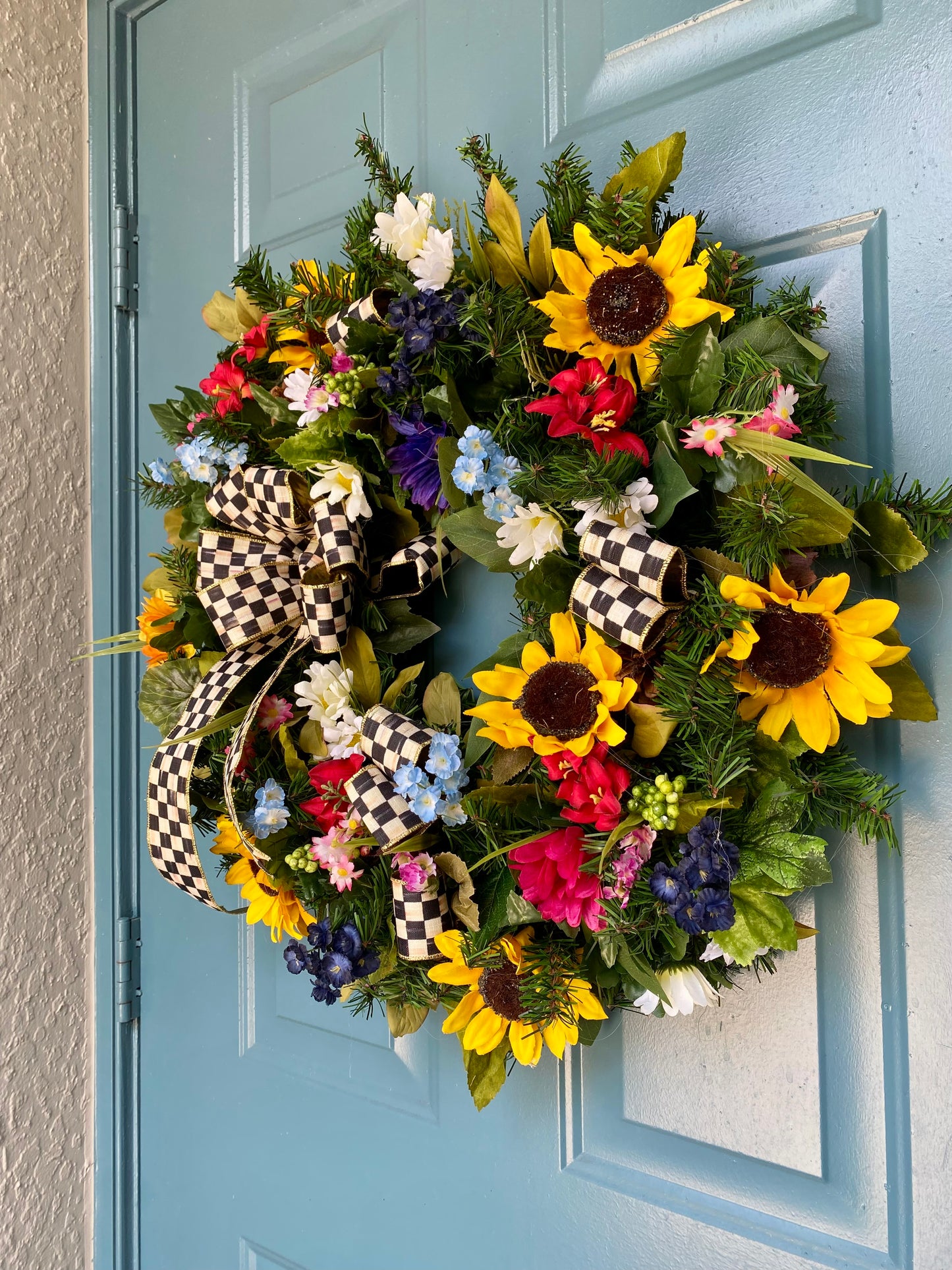 Sunflower Wreath for Front Door. Artificial Wreath with Designer ribbon Bow. Summer and Everyday Colorful  Wreath