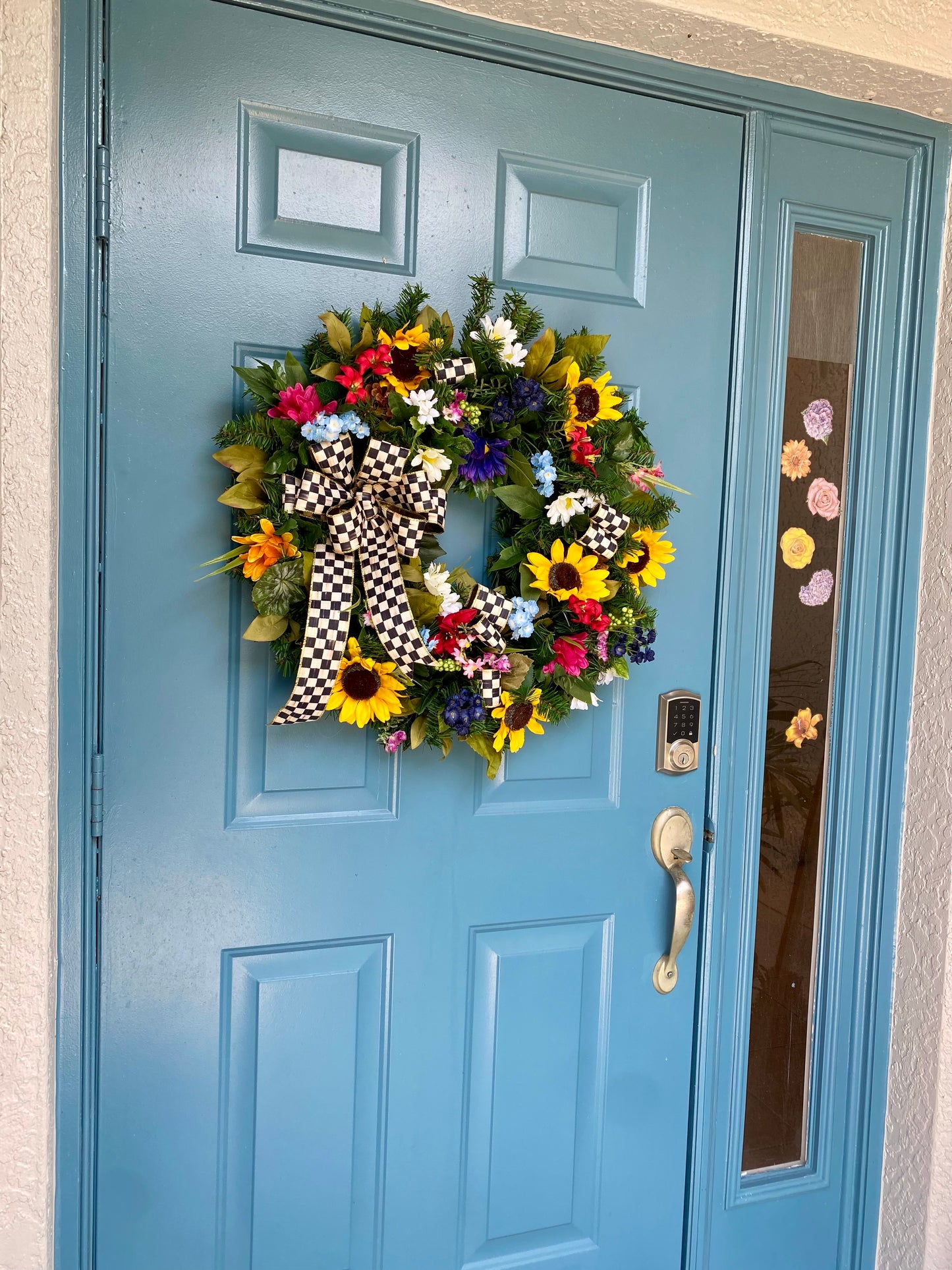 Sunflower Wreath for Front Door. Artificial Wreath with Designer ribbon Bow. Summer and Everyday Colorful  Wreath