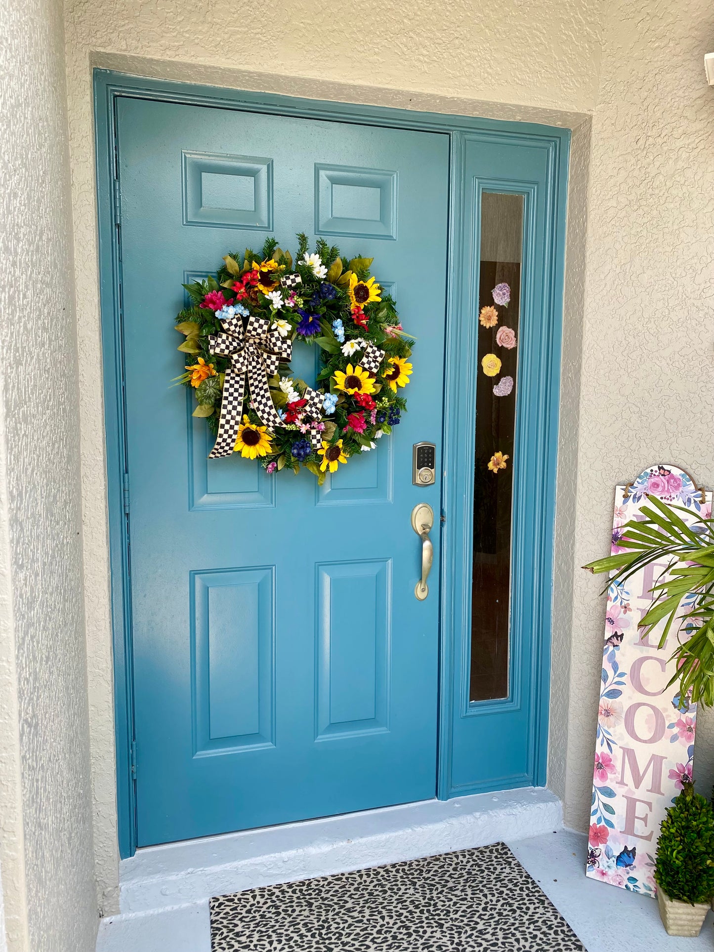 Sunflower Wreath for Front Door. Artificial Wreath with Designer ribbon Bow. Summer and Everyday Colorful  Wreath