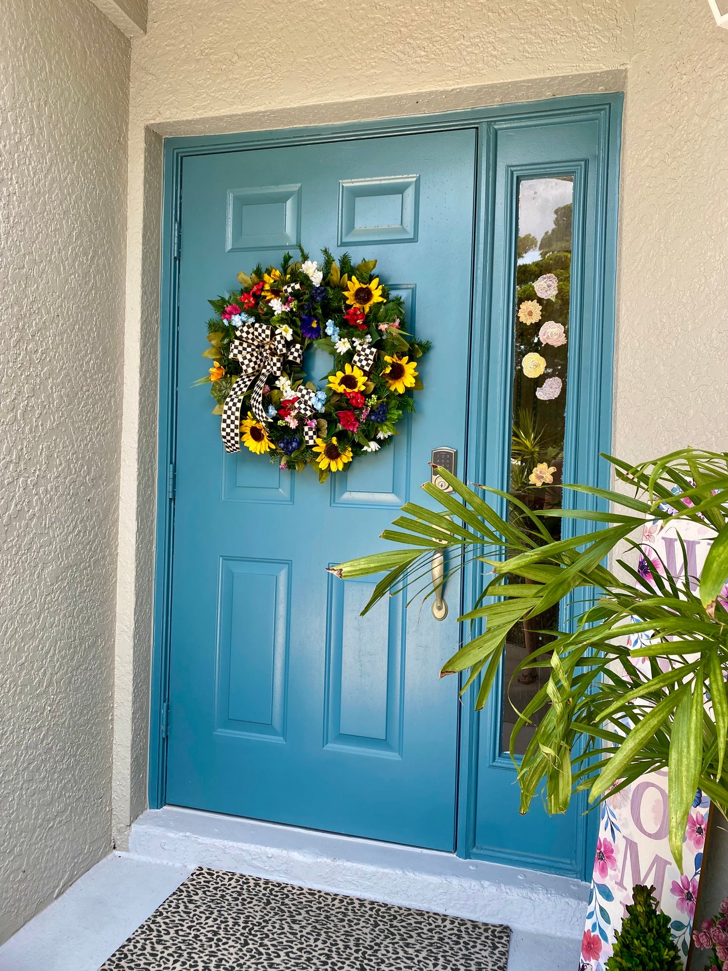 Sunflower Wreath for Front Door. Artificial Wreath with Designer ribbon Bow. Summer and Everyday Colorful  Wreath