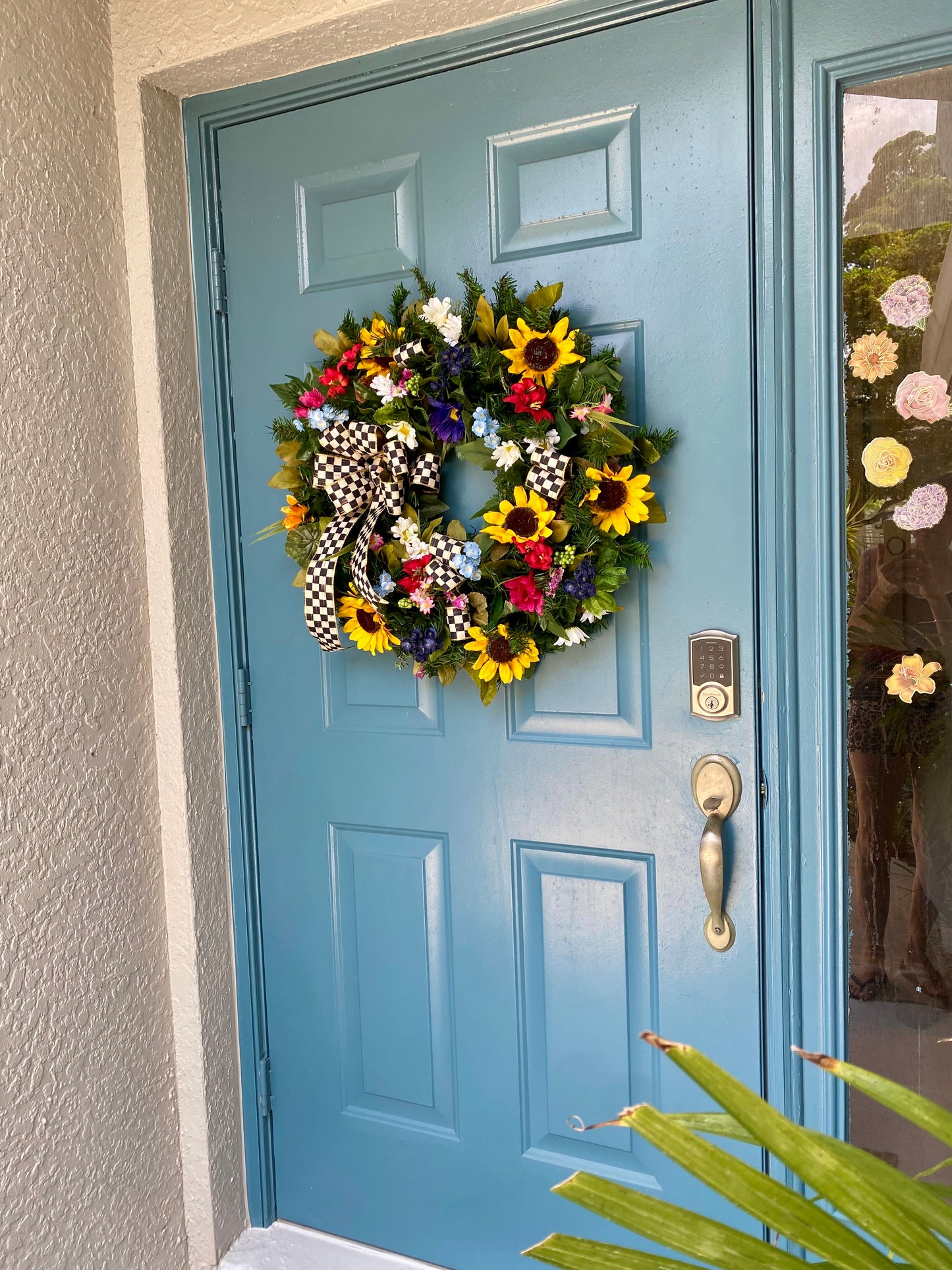 Sunflower Wreath for Front Door. Artificial Wreath with Designer ribbon Bow. Summer and Everyday Colorful  Wreath