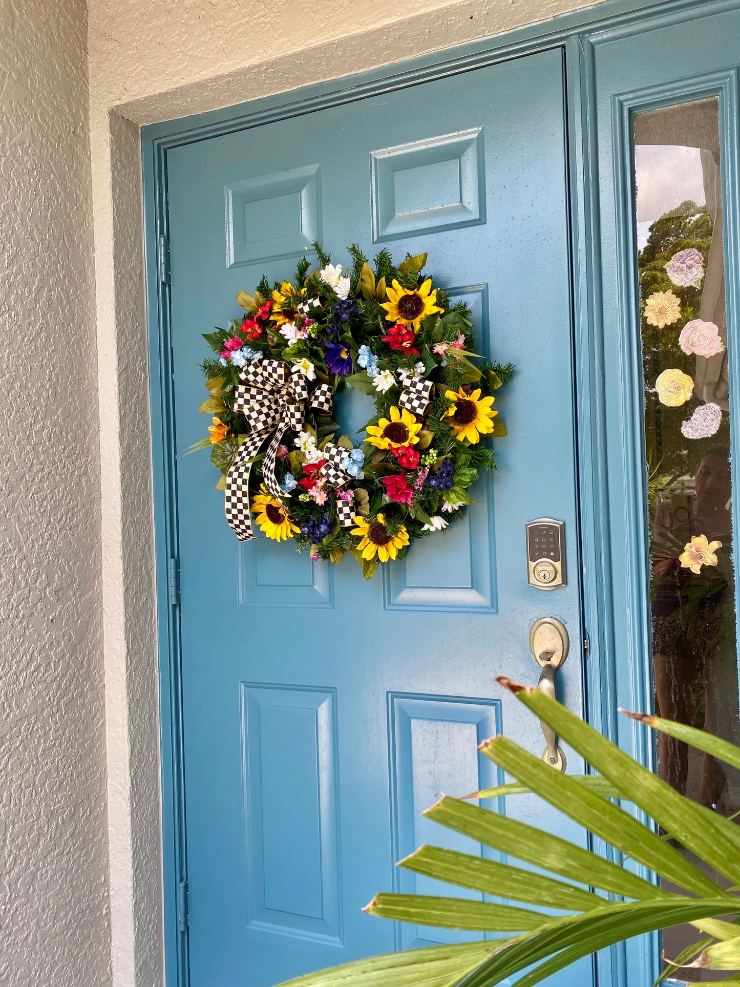 Sunflower Wreath for Front Door. Artificial Wreath with Designer ribbon Bow. Summer and Everyday Colorful  Wreath