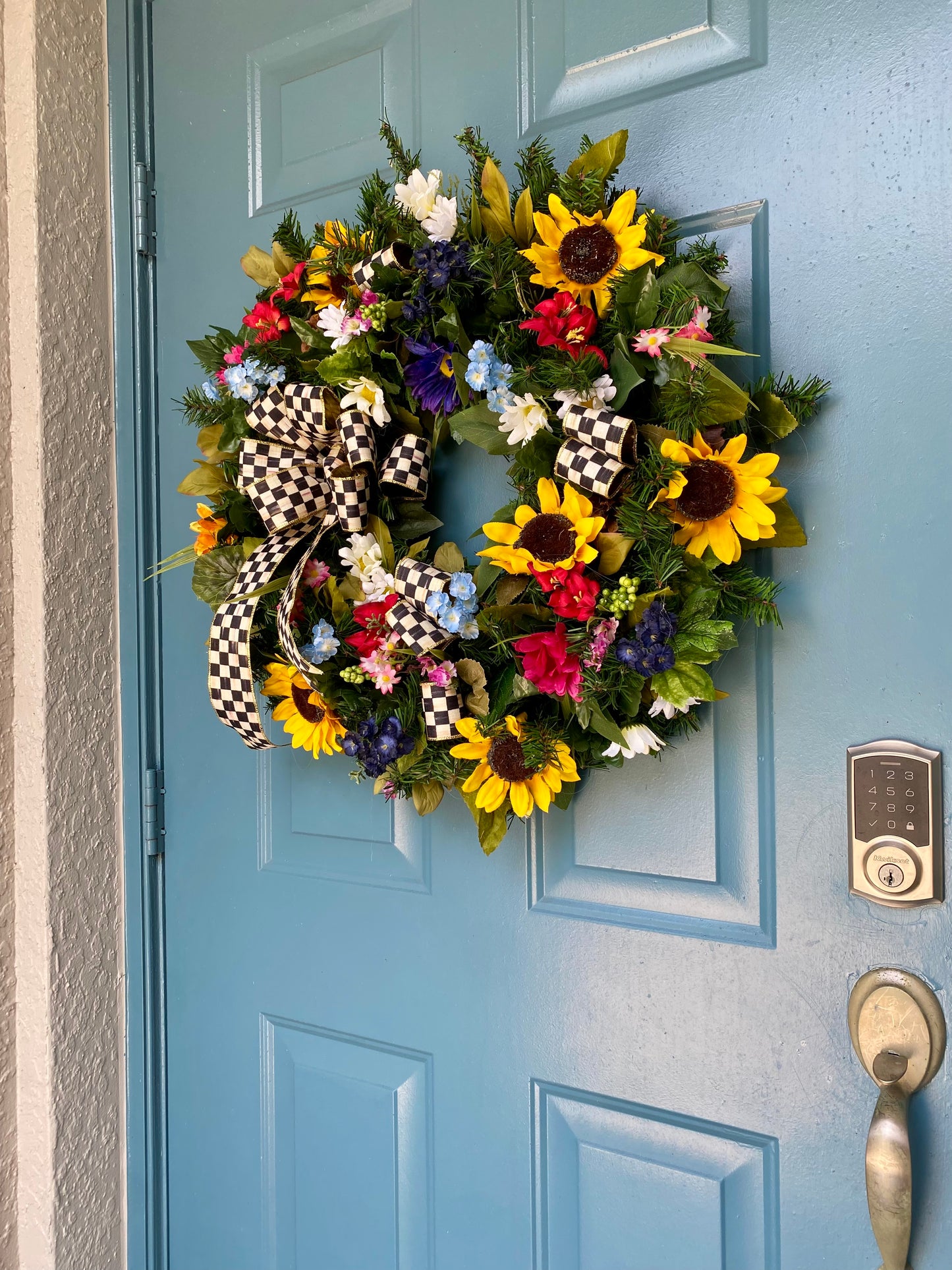 Sunflower Wreath for Front Door. Artificial Wreath with Designer ribbon Bow. Summer and Everyday Colorful  Wreath