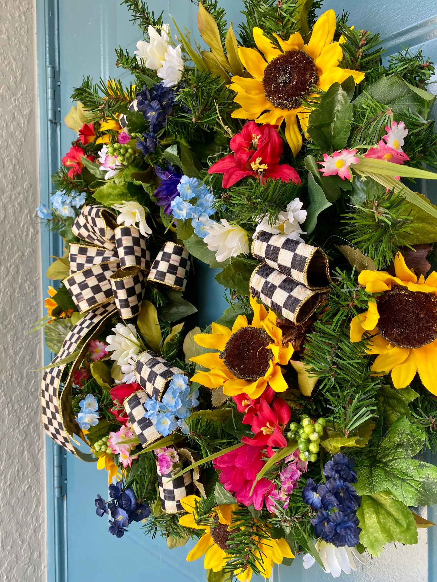 Sunflower Wreath for Front Door. Artificial Wreath with Designer ribbon Bow. Summer and Everyday Colorful  Wreath