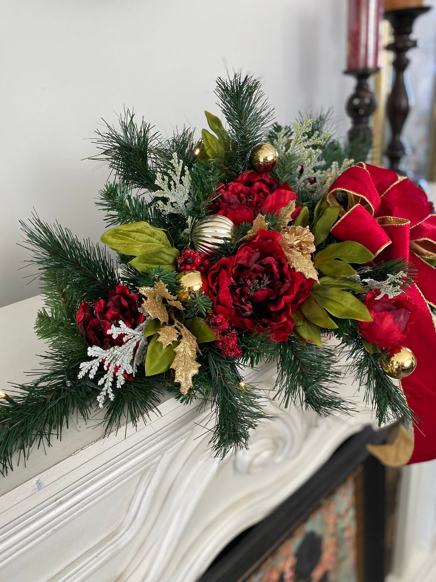 Adorable Red Velvet Garland, Mantle Centerpiece with large Bow. 36inch FREE SHIPPING,  Artificial, 48 LED light with  Timer,