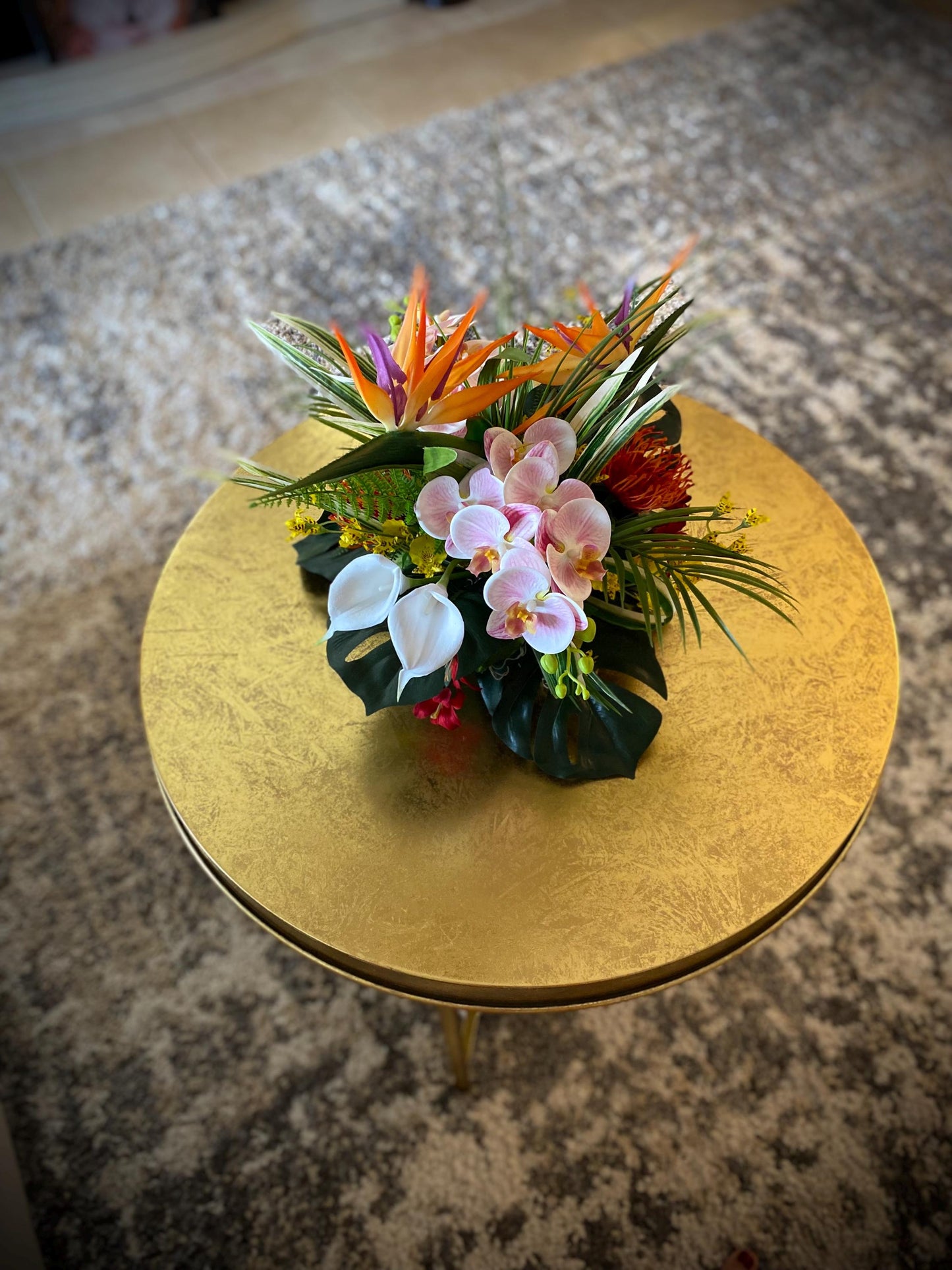 Love it! 15x15x15  Tropical Centerpiece.  2 or 3 Bird of Paradise,   Arrangement, Artificial, Faux, Silk, Tropical Flower Arrangement.