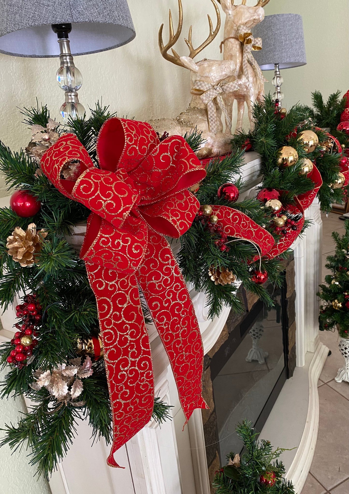 Red Swirl Ribbon Set of 4pc, Garland and 2 Topiaries. FREE SHIPPING. Cordless, Pre-lit, Timer.