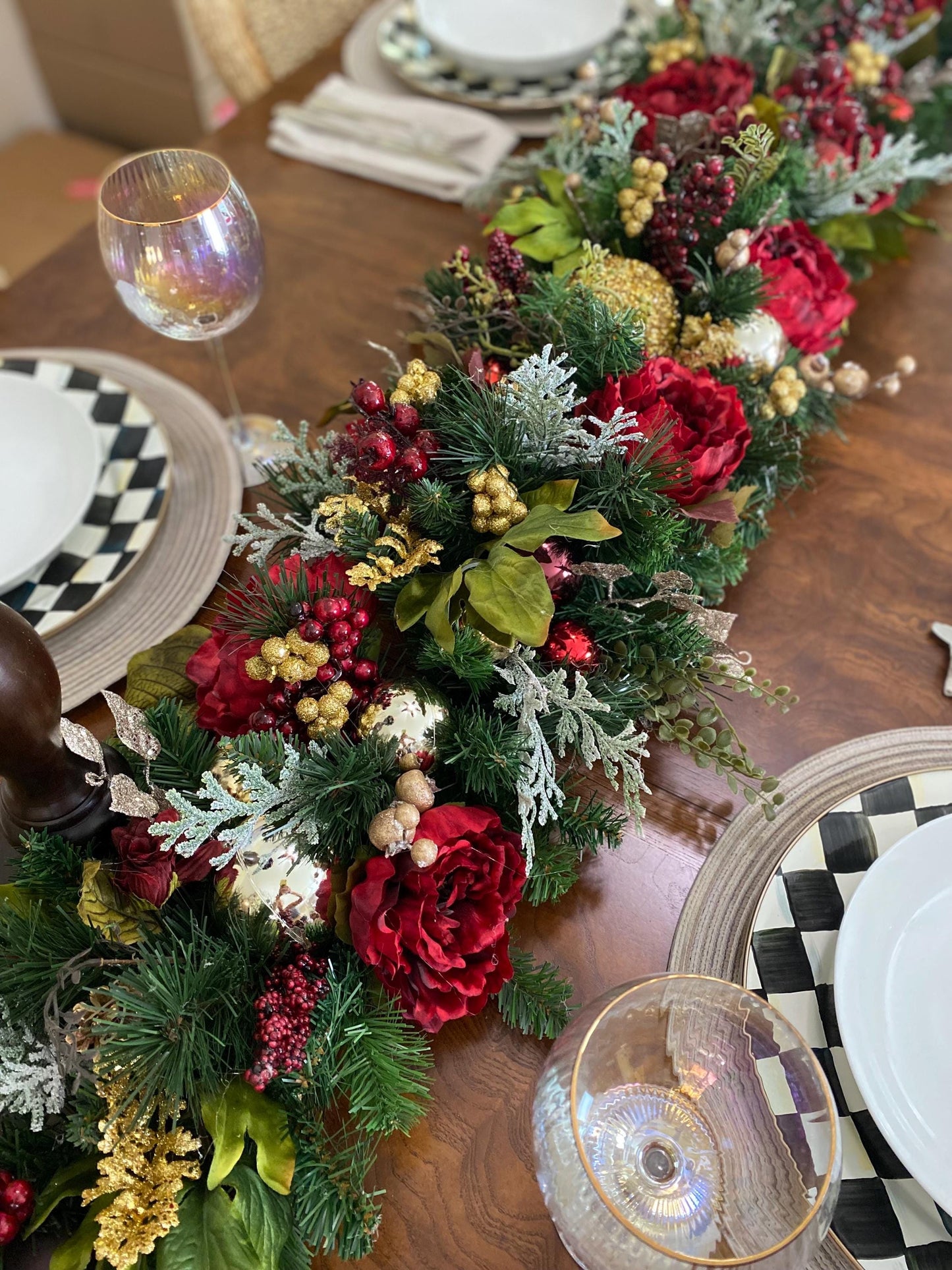 Luxe  Holiday  Table Runner. Artificial 6 feet long  Velvety Wine Red Peony . Perfect  for long table.