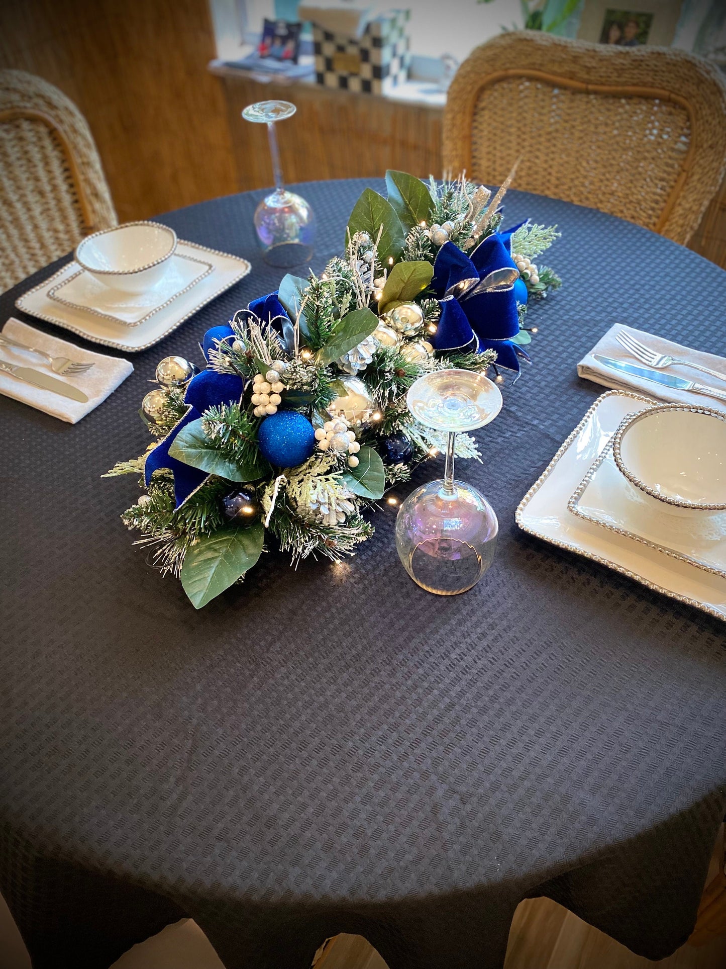Blue Velvet Holiday Table Runner with Silver Trim, LED Lights
