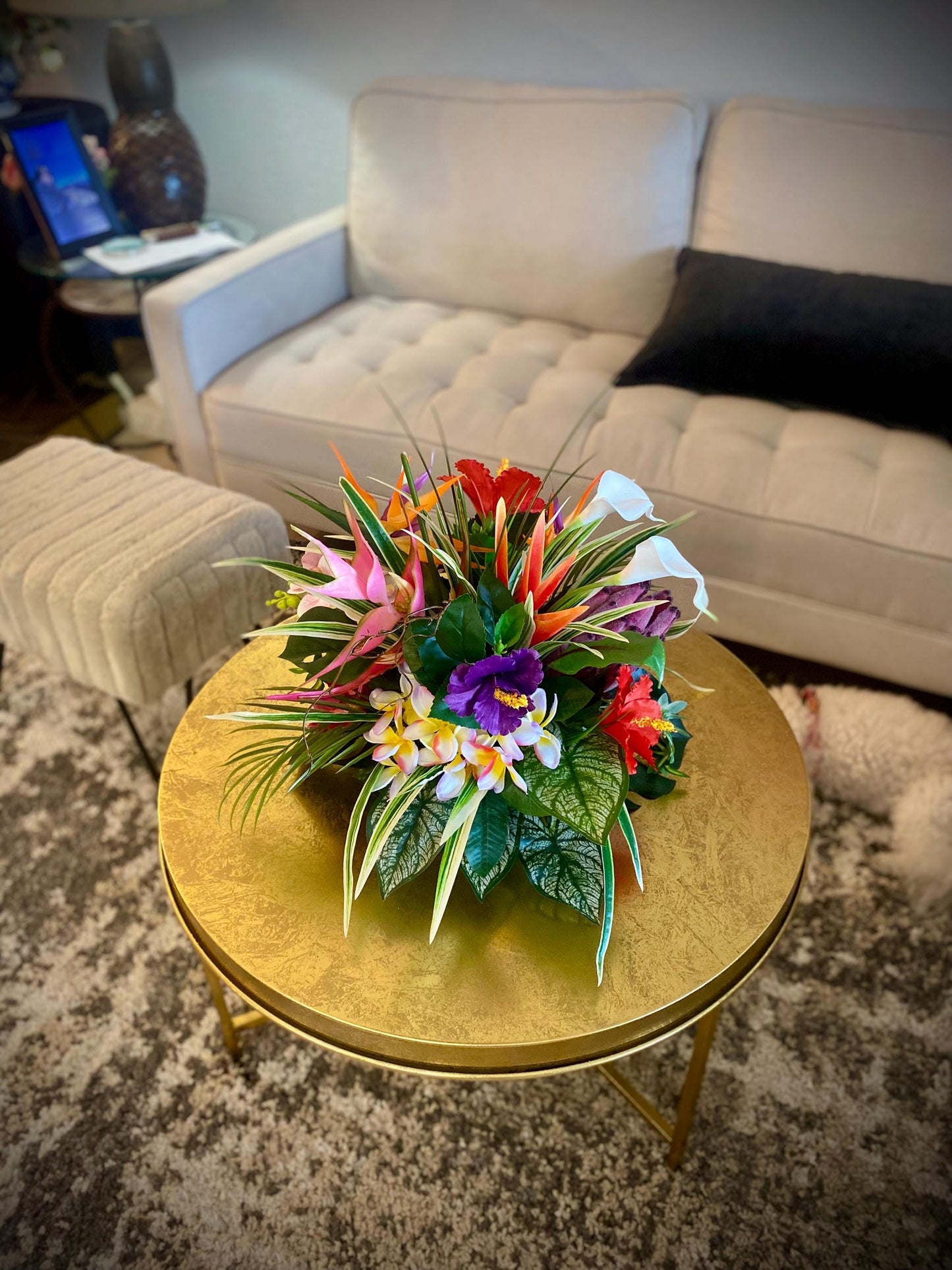 Hibiscus Paradise . 19x19x15  Tropical Centerpiece.  Beautiful Bird of paradise, King Protea,  Hibiscus, Orchids stems.  Artificial, Faux.