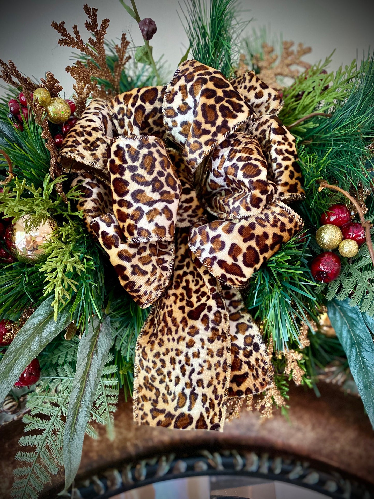 Signature  Leopard Ribbon Swag. Luxury Wide Designer Ribbon.,  Artificial Swag ,  LED Light with Auto 6 hours on timer