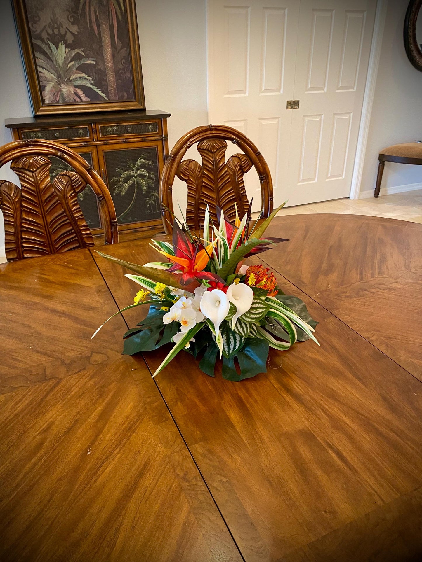 Low profile Tropical Floral Centerpiece, Bird of Paradise and  Orchid 15” diameter  11” height