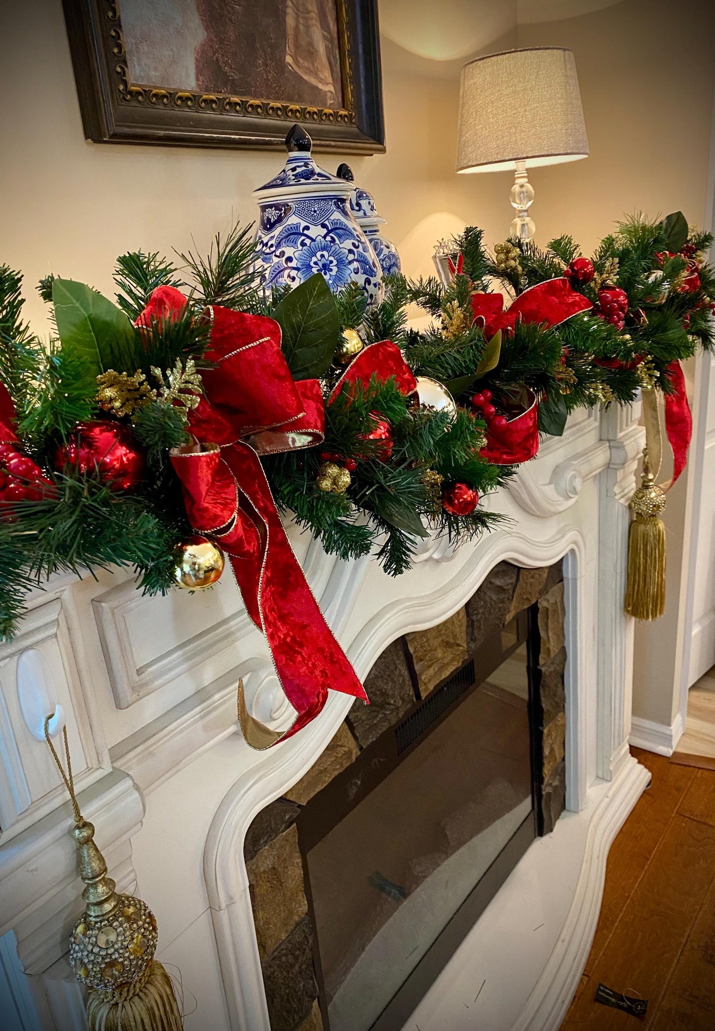 Red Velvet Christmas Garland, Gold Trim, Cordless 50 LED Lights