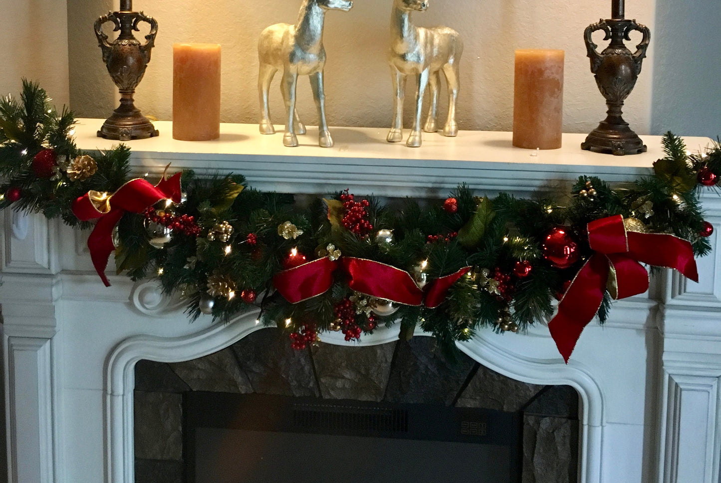 Christmas  Garland,   Red Velvet Ribbons ,  Cordless, Timer, Pre-lit,
