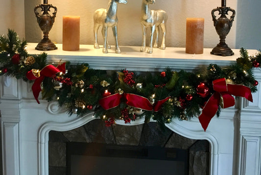 Christmas  Garland,   Red Velvet Ribbons ,  Cordless, Timer, Pre-lit,