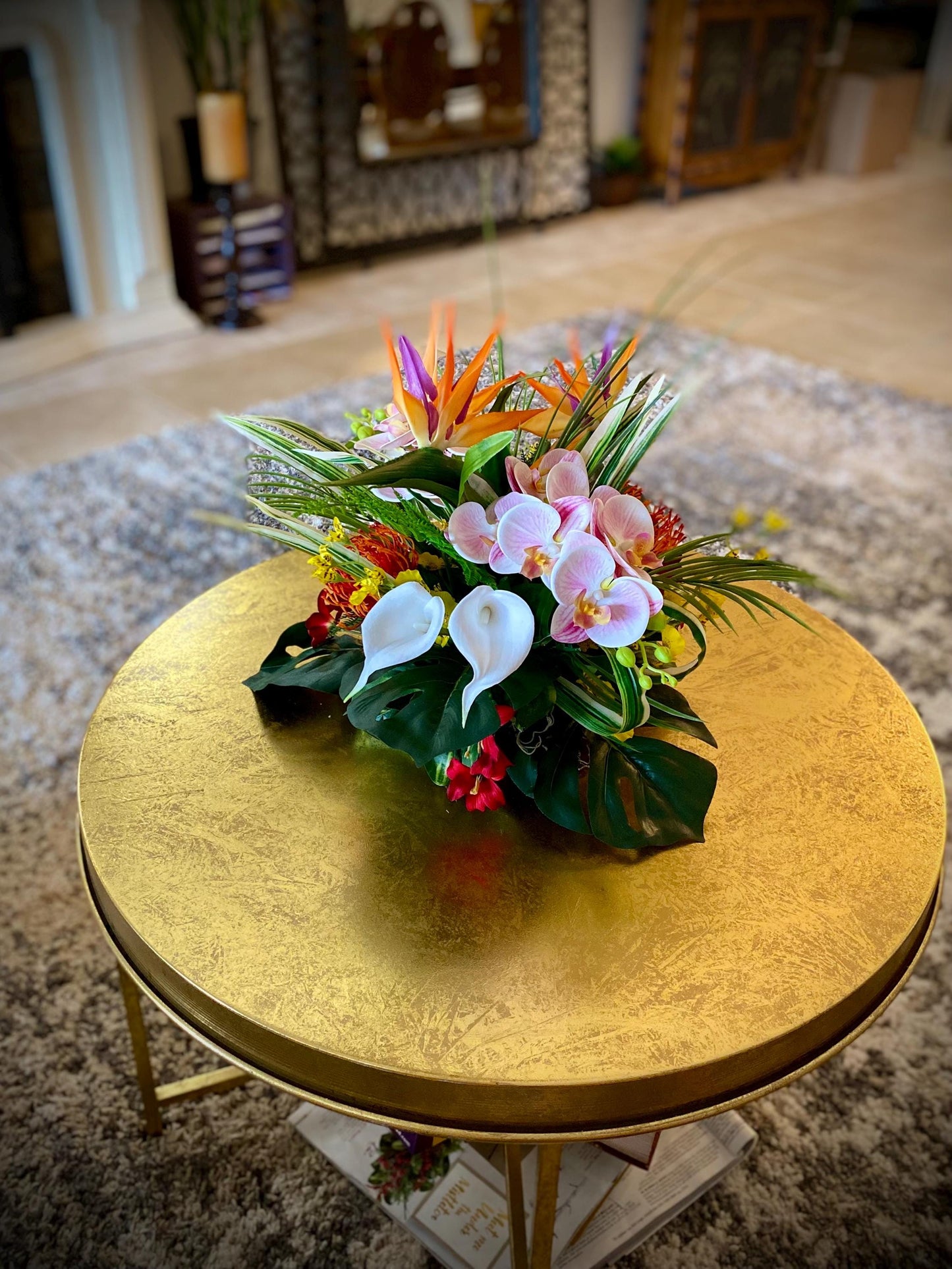 Love it! 15x15x15  Tropical Centerpiece.  2 or 3 Bird of Paradise,   Arrangement, Artificial, Faux, Silk, Tropical Flower Arrangement.