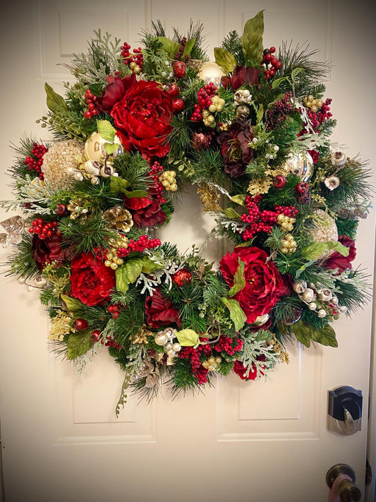 Wonderful Holiday Red Peony Wreath 2025 design.  Red Peony Artificial Wreath, 26" and up, LED cordless light. Free Shippings.