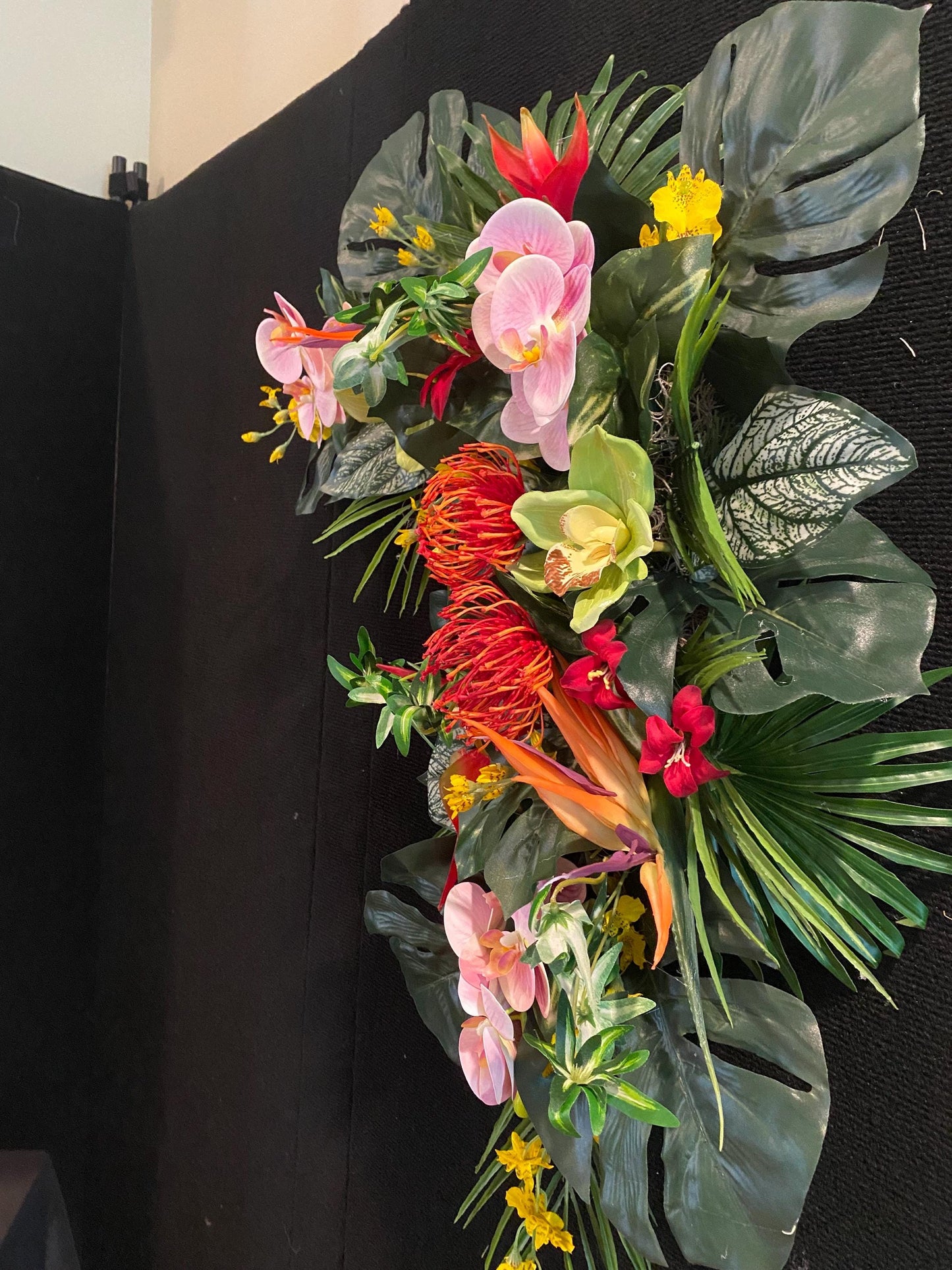 Paradise found. Fabulous Party Corner  Decorations . Tropical Centerpiece. Bird of Paradise, Arrangement, Artificial, Faux, Silk,