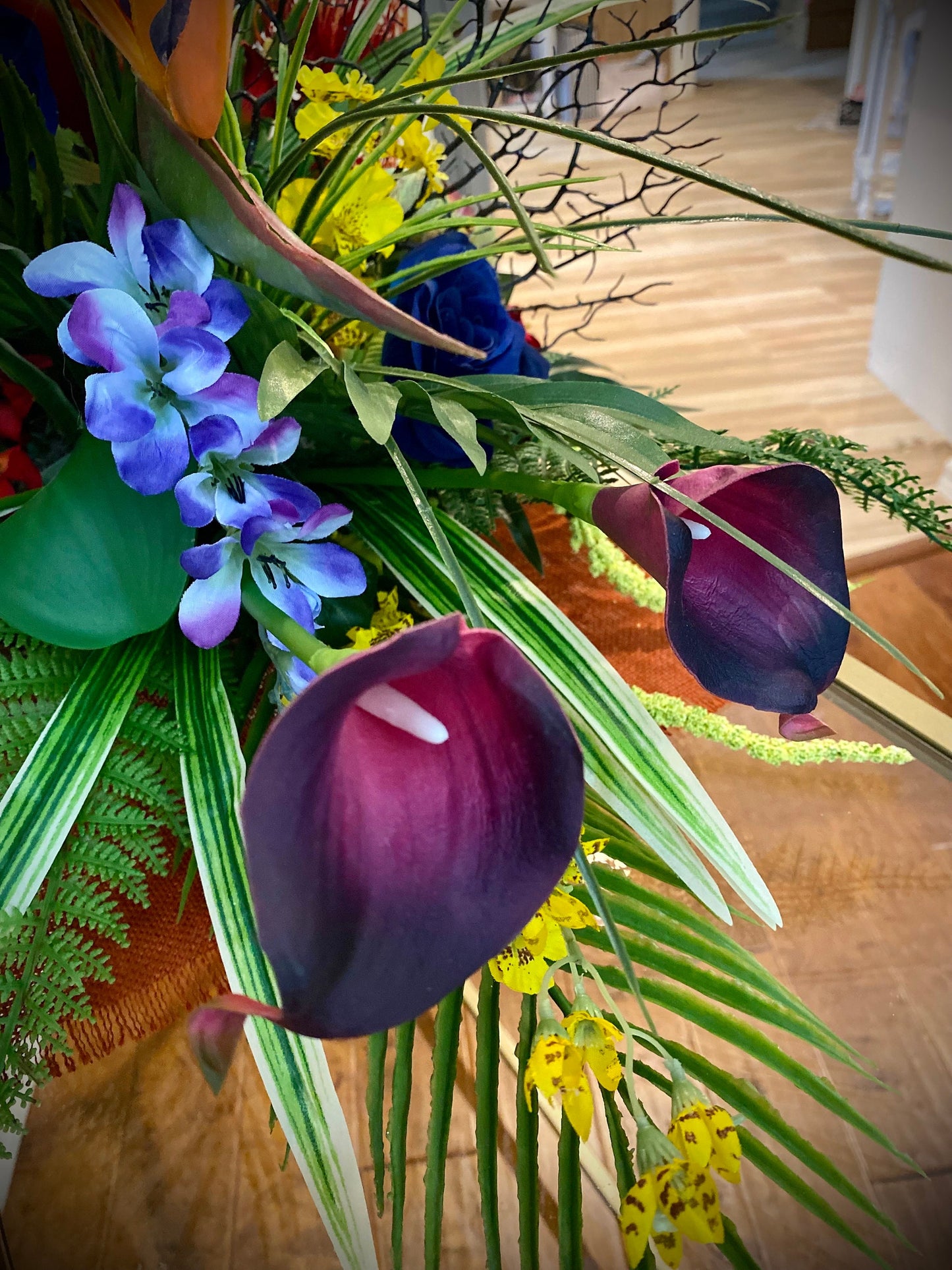 Heliconia and Blue Paradise Accent. Amazingly life like Arrangement. Artificial. Bird of paradise, Orchid and Coral fan. 30"x16"x17" h