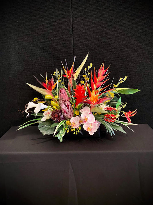 Bird of Paradise and  Heliconia  in Black Ceramic Vase. Tropical Centerpiece with  Artificial Arrangement. 26Wx18Hx15D