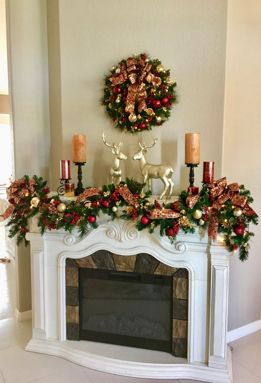 Burgundy Christmas Wreath and Garland Set, LED Lighted, Holiday Decor