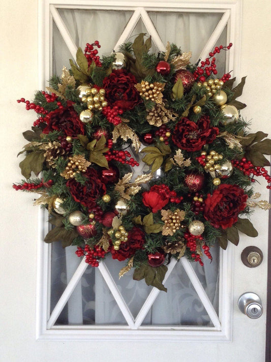 Red Peony Christmas Wreath, 24 Inch LED Lighted Cordless Wreath