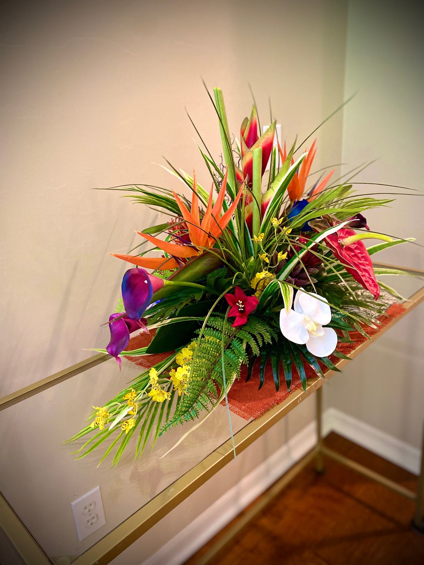 Heliconia and Blue Paradise Accent. Amazingly life like Arrangement. Artificial. Bird of paradise, Orchid and Coral fan. 30"x16"x17" h