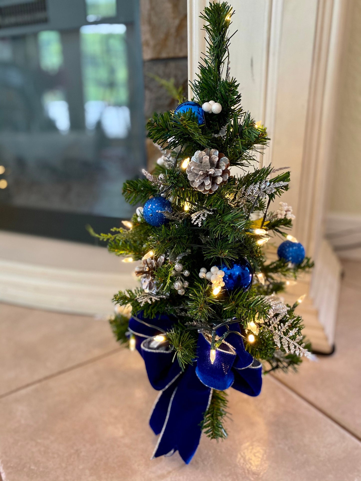 Set of 4pc,  Christmas Blue Velvet Wreath, Garland and 2 Topiaries. Cordless, Pre-lit, Pre-Decorated,
