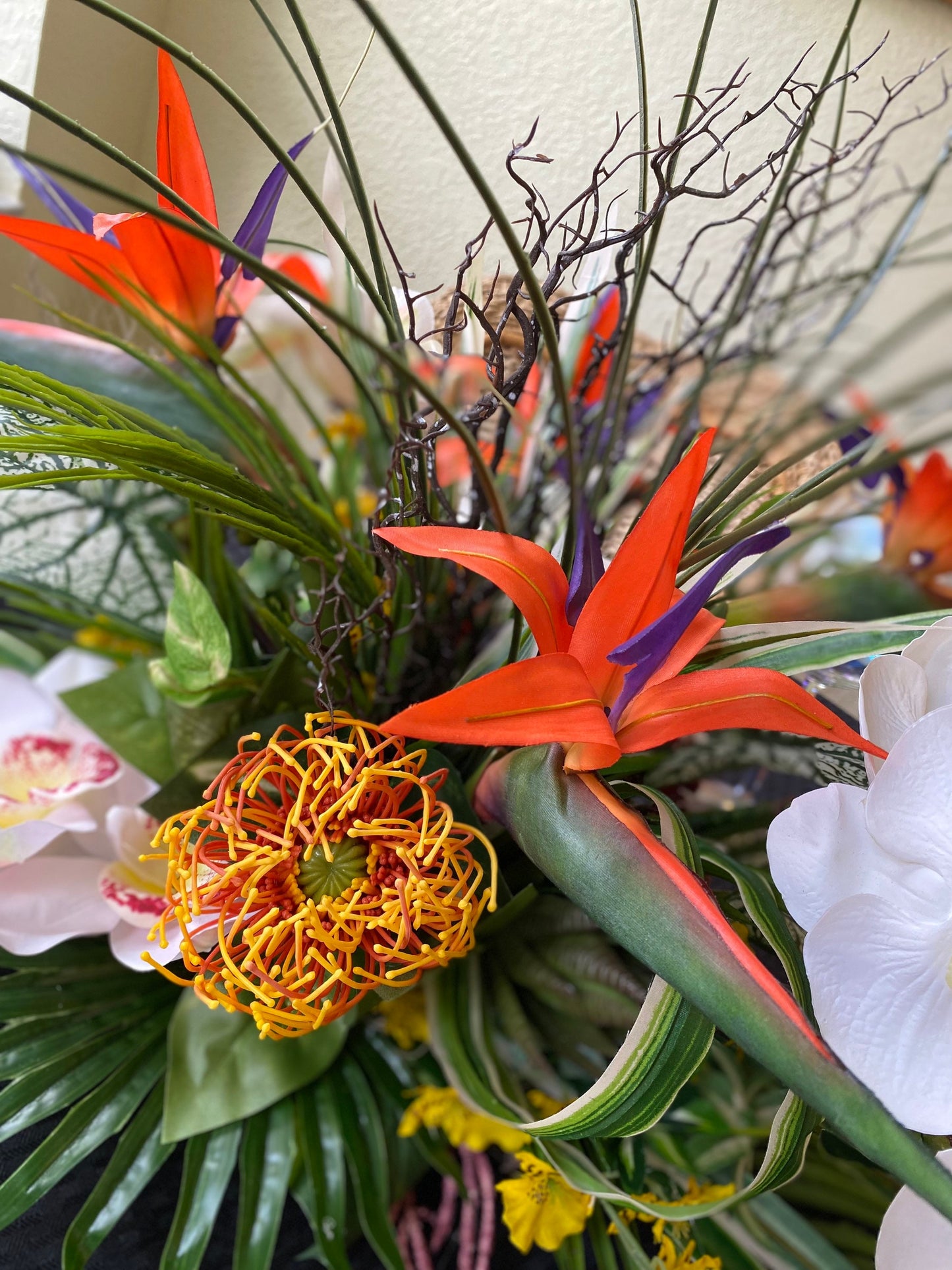 Tropical Bird of Paradise Centerpiece, Faux Orchid Coral Fan, 30"