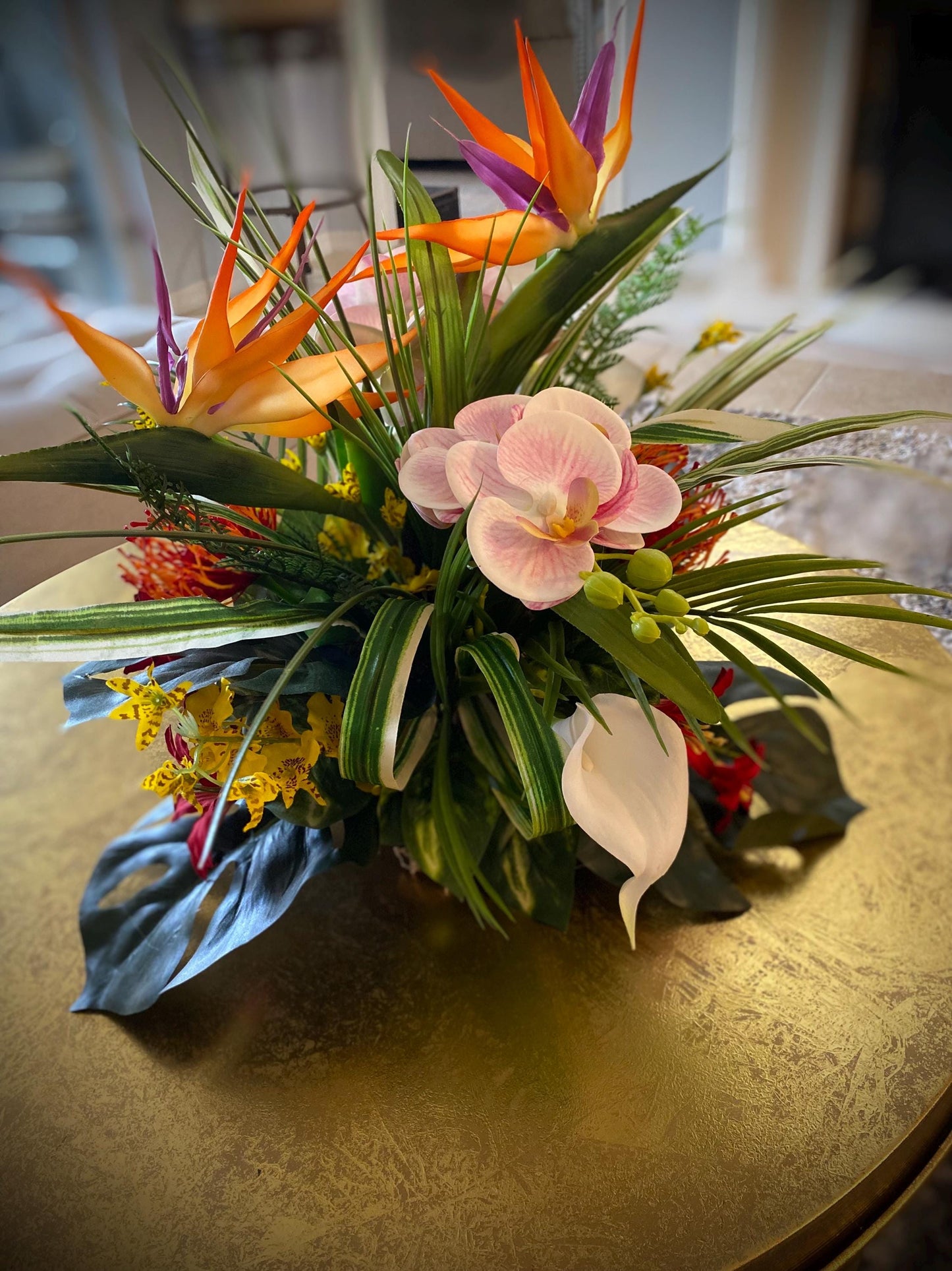 Love it! 15x15x15  Tropical Centerpiece.  2 or 3 Bird of Paradise,   Arrangement, Artificial, Faux, Silk, Tropical Flower Arrangement.