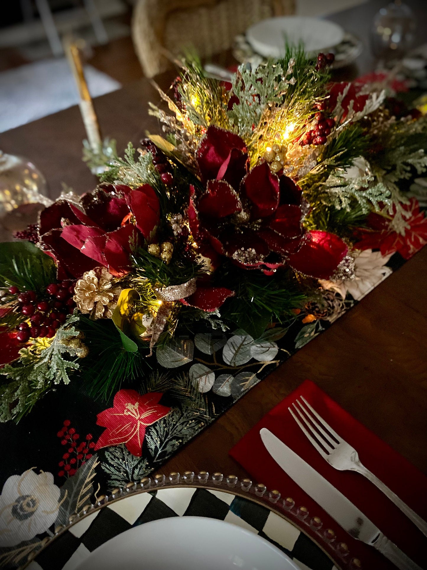 Velvet Wine Red Magnolia Holiday Centerpiece, LED Lights & Timer
