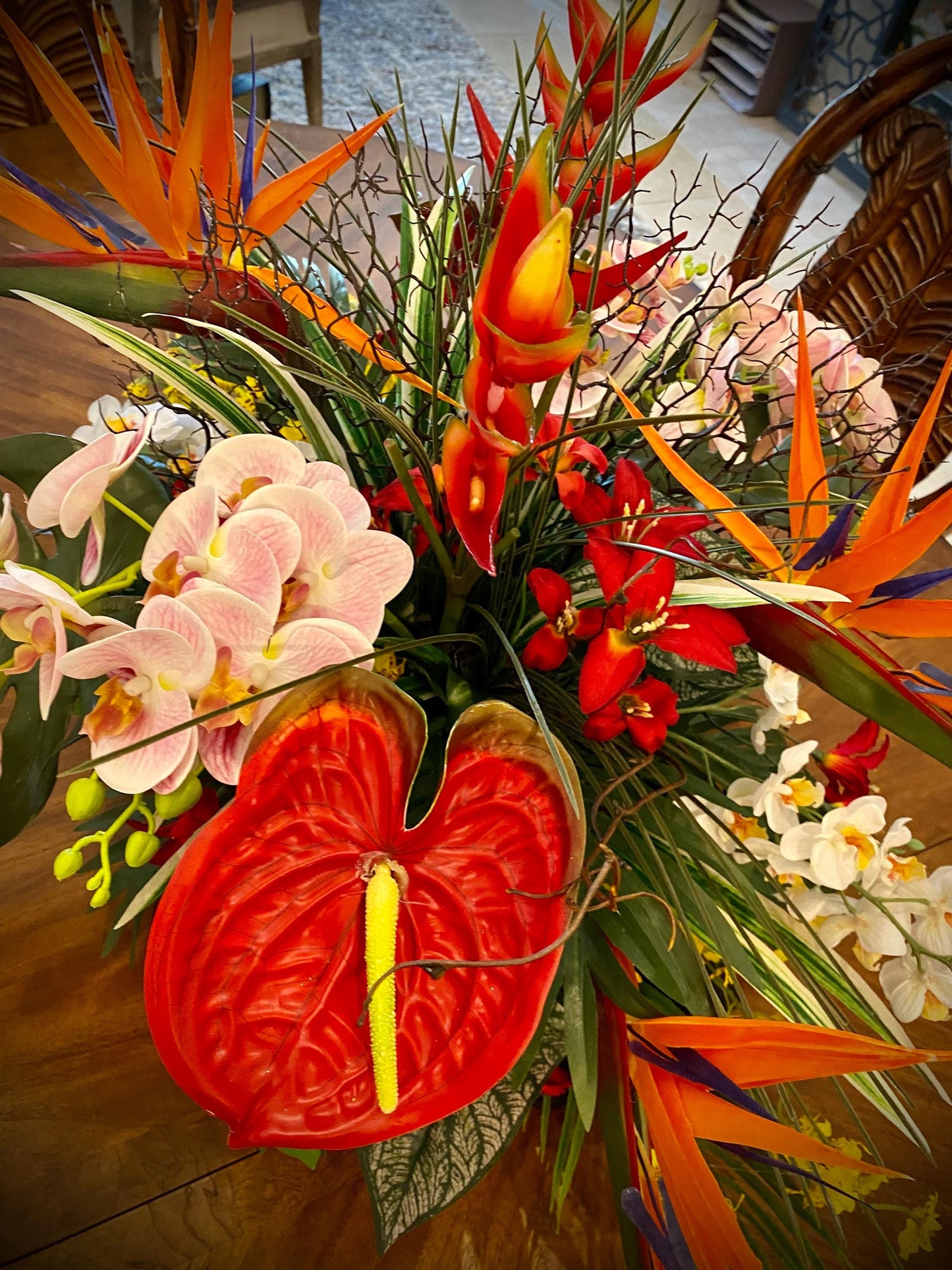 XL tropical arrangement with black wooden vessels. Heliconia, Bird of Paradise and Coral Fan.  Faux Floral Centerpiece,  (36x20x20) 8 pounds