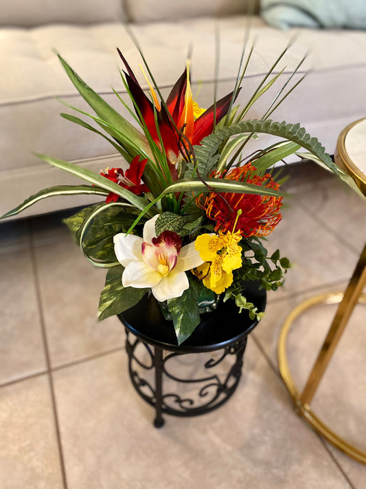 Nosegay  Tropical accent, 3" cube,  Artificial Arrangement, Bird of the paradise, Black  glass square