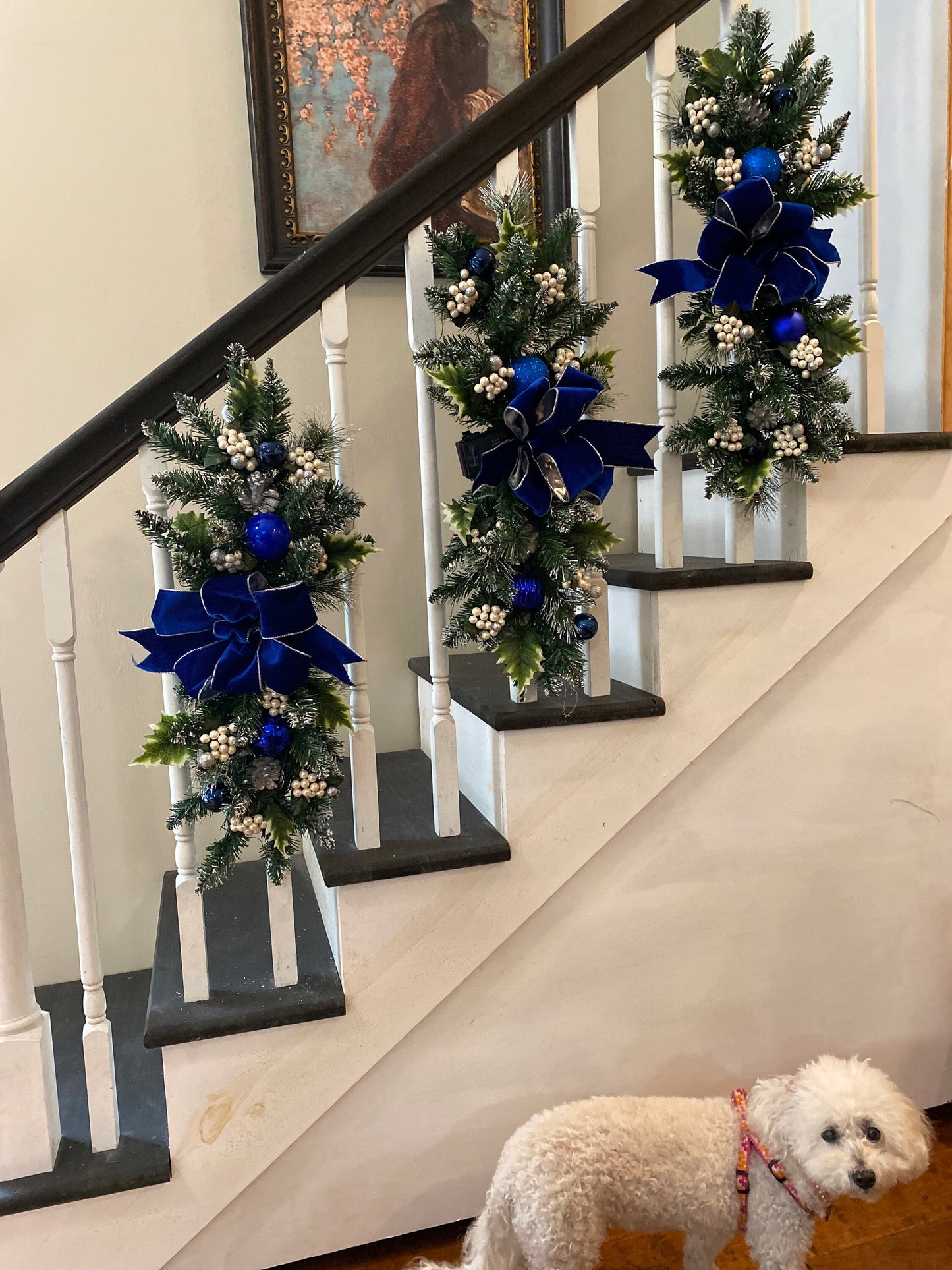 Luxury 3 pc Set Royal Blue Christmas Swag for Stairs,  Pre Lit with Automatic Timer Free Shipping,Artificial Vertical Swags.