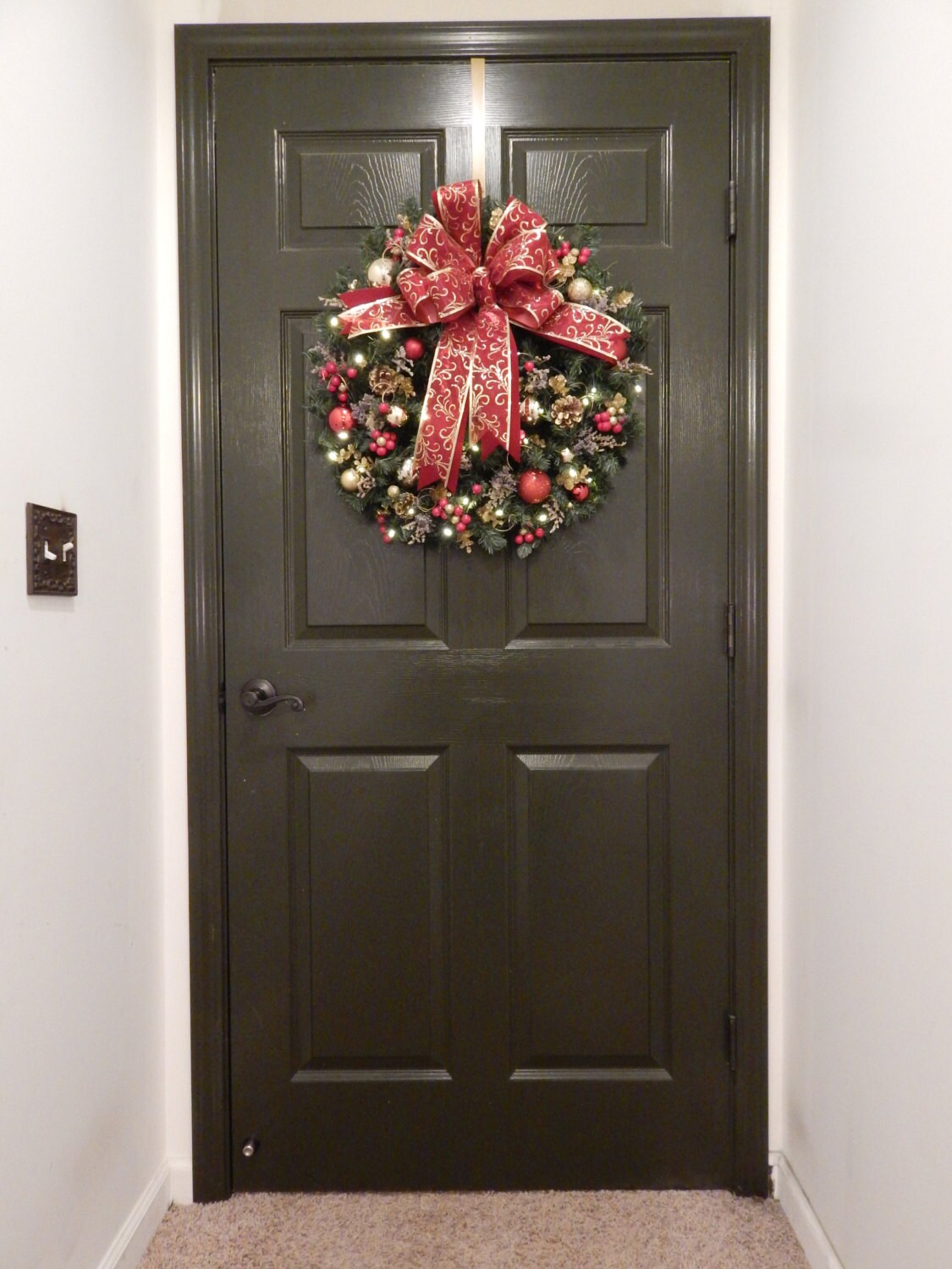 Red Christmas Wreath, Lighted with Timer, Holiday Door Decor