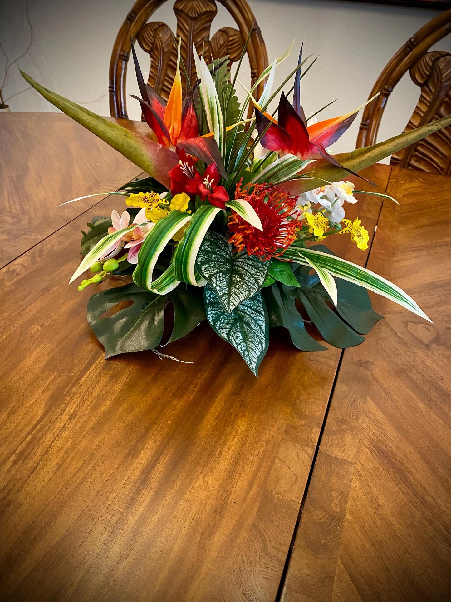 Low profile Tropical Floral Centerpiece, Bird of Paradise and  Orchid 15” diameter  11” height