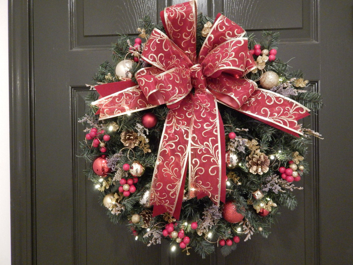 Red Christmas Wreath, Lighted with Timer, Holiday Door Decor