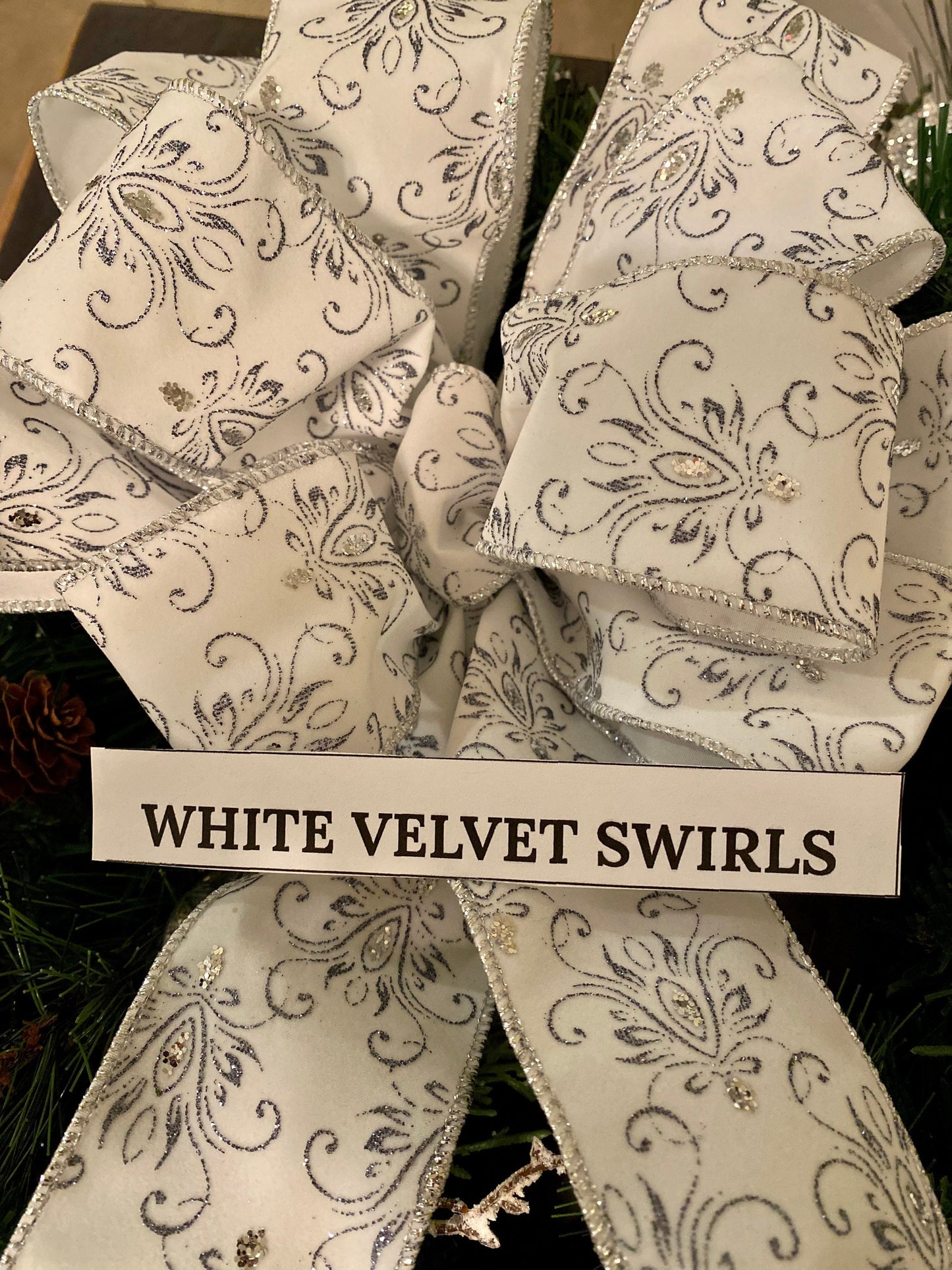 Velvet Christmas Bow, Burgundy Gold Scroll, Wire Edge Ribbon