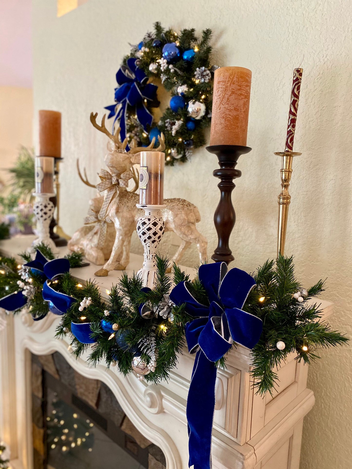 Set of 4pc,  Christmas Blue Velvet Wreath, Garland and 2 Topiaries. Cordless, Pre-lit, Pre-Decorated,