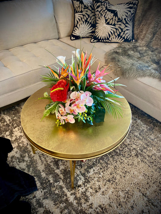 Paradise Found. 18x18x15  Tropical Centerpiece.  Beautiful Bird of paradise, King Protea, Orchids stems.  Artificial, Faux, Silk,