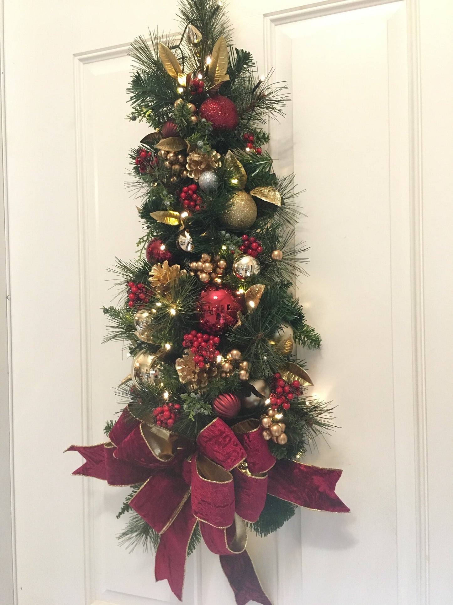 Christmas Teardrop Swag, Burgundy Velvet Bow, Battery Lighted Wall Tree