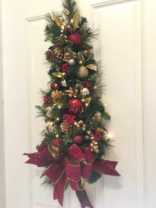 Christmas Teardrop Swag, Burgundy Velvet Bow, Battery Lighted Wall Tree