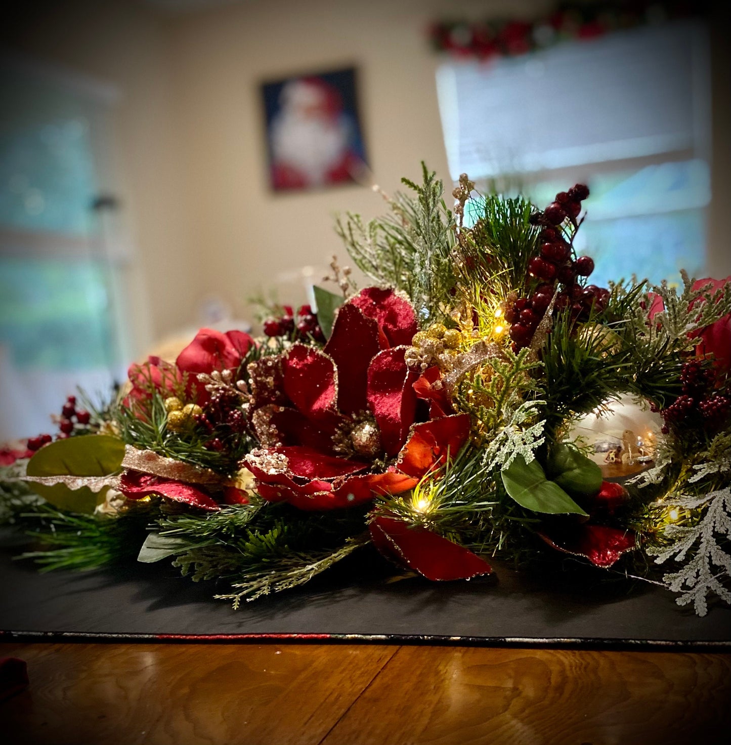 Velvet Wine Red Magnolia Holiday Centerpiece, LED Lights & Timer
