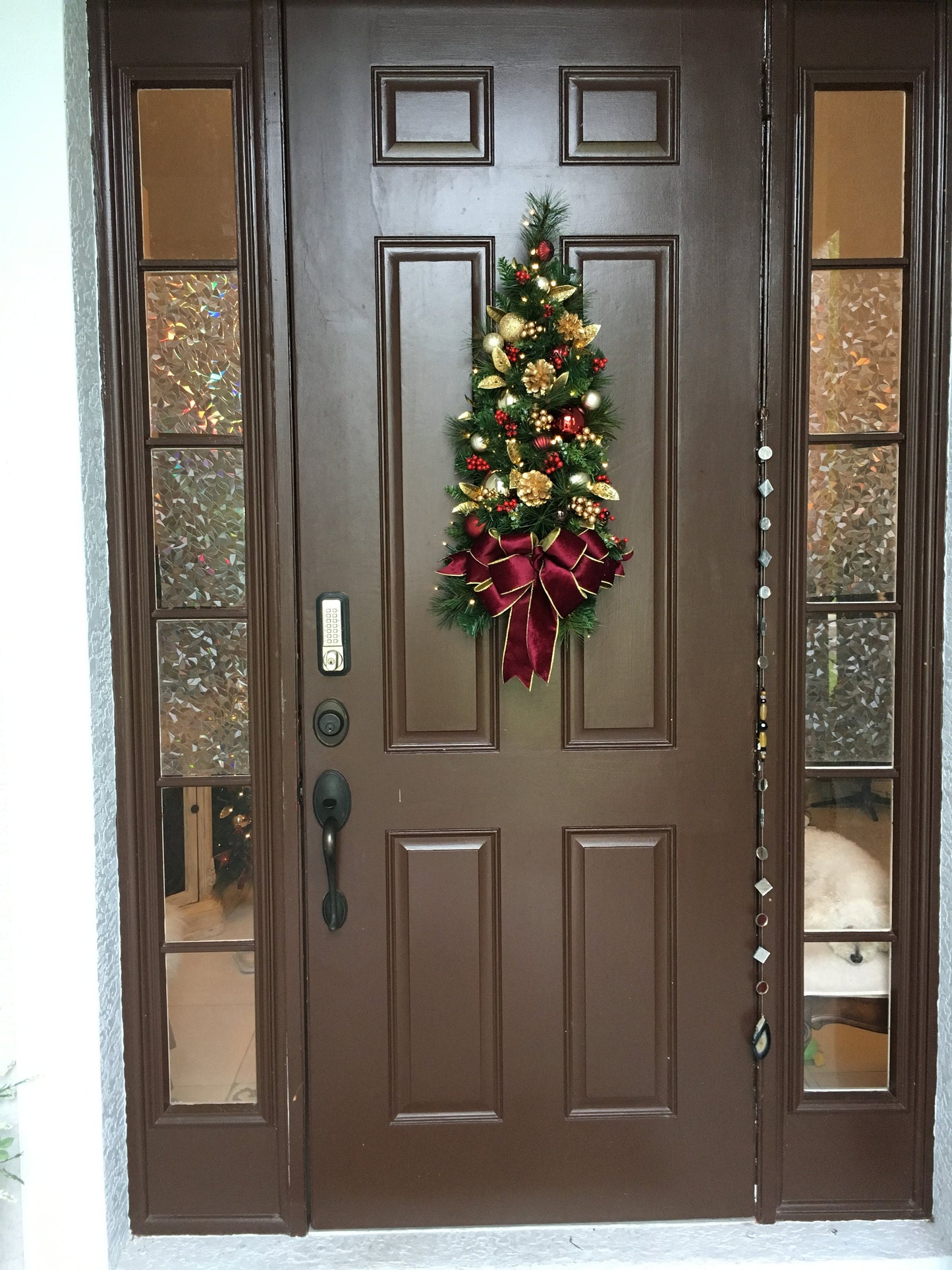 Christmas Tear Drop Swag, Burgundy Velvet Bow, Cordless Lighted Wall Tree