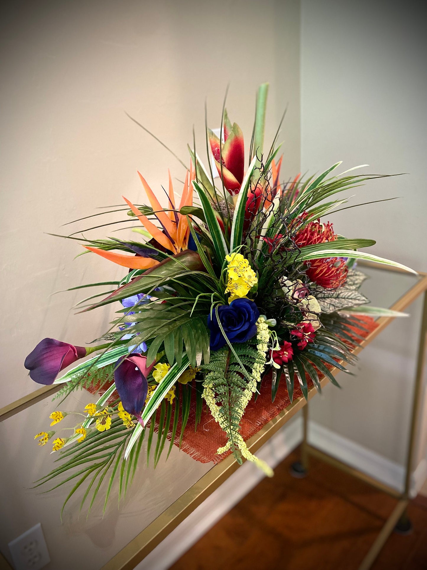 Heliconia and Blue Paradise Accent. Amazingly life like Arrangement. Artificial. Bird of paradise, Orchid and Coral fan. 30"x16"x17" h
